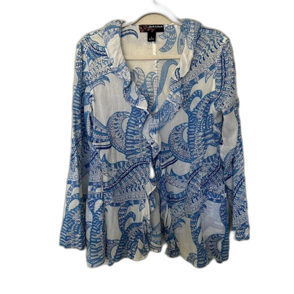 Peck and Peck Women's Blue and White Blouse Size Small Vacation Summer Beach - Picture 2 of 7